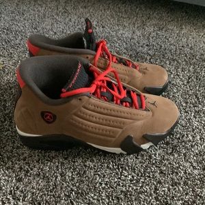jordan 14 retro material brown,red,and black